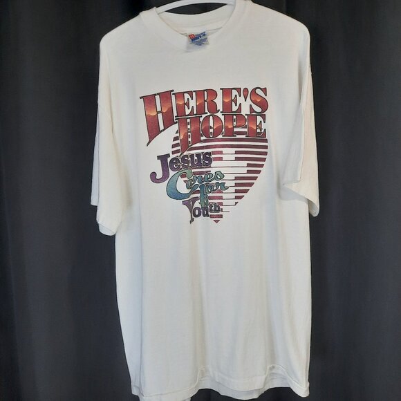 Vintage Single Stitch T-shirt Jesus Cares for Youth Men's Size Large - Picture 1 of 9